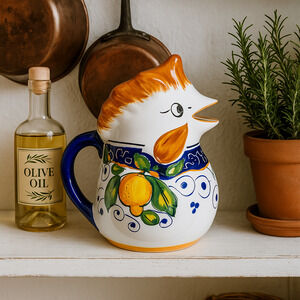 Vintage Italian Majolica Rooster Pitcher Jug – Hand Painted Stoneware 1990s